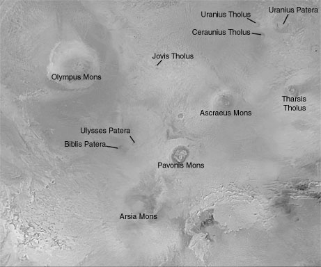Oblast Tharsis, Olympus Mons a tři sopky.